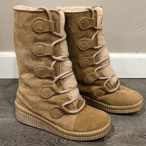 Tan Suede Leather Fur Lined Tall Wedge Heel Boots Made in USA Women’s Size 7